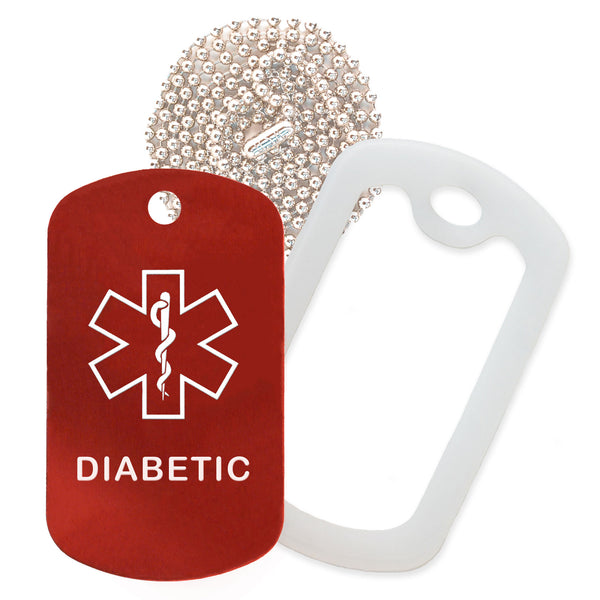 Red Medical ID Diabetic Necklace with Clear Rubber Silencer and 30'' Ball Chain