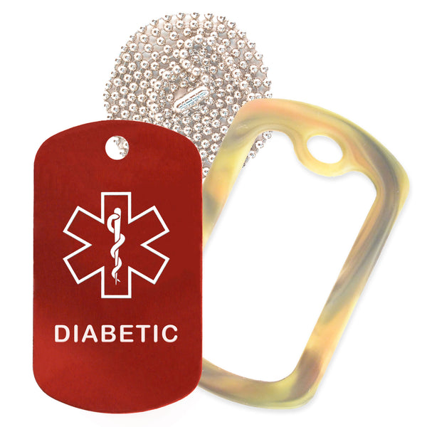 Red Medical ID Diabetic Necklace with Forest Camo Rubber Silencer and 30'' Ball Chain
