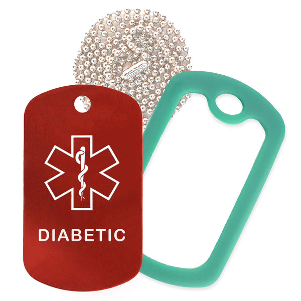 Red Medical ID Diabetic Necklace with Green Rubber Silencer and 30'' Ball Chain