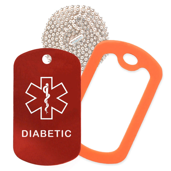 Red Medical ID Diabetic Necklace with Orange Rubber Silencer and 30'' Ball Chain