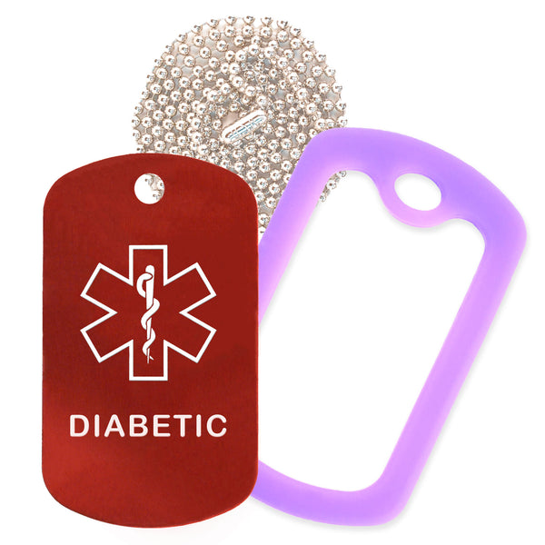 Red Medical ID Diabetic Necklace with Purple Rubber Silencer and 30'' Ball Chain
