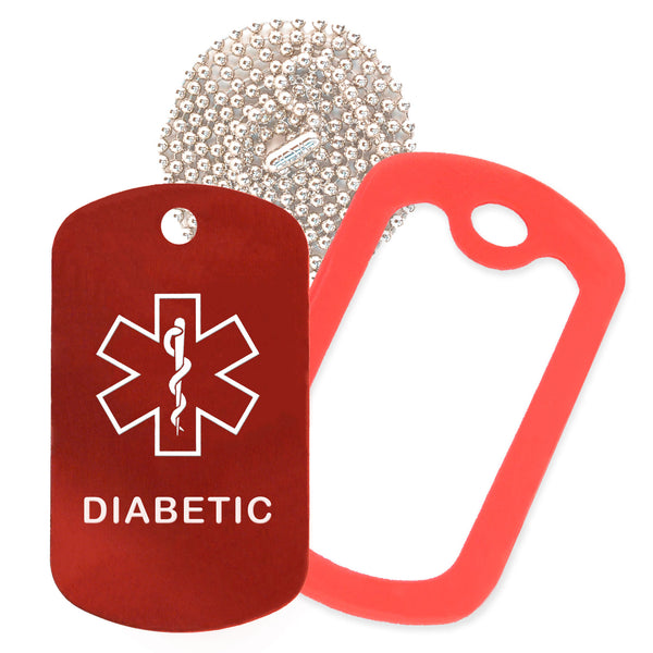 Red Medical ID Diabetic Necklace with Red Rubber Silencer and 30'' Ball Chain