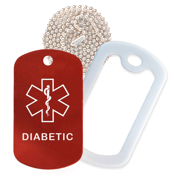 Red Medical ID Diabetic Necklace with White Rubber Silencer and 30'' Ball Chain