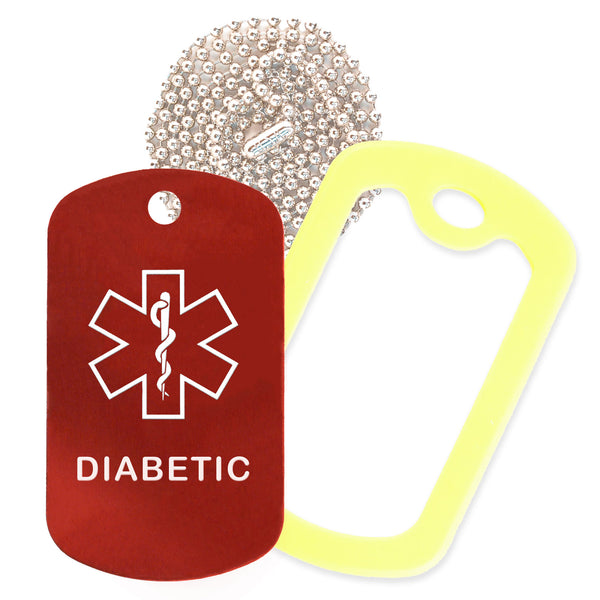 Red Medical ID Diabetic Necklace with Yellow Rubber Silencer and 30'' Ball Chain