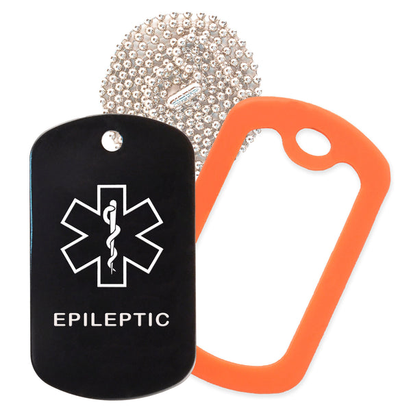 Black Medical ID Epileptic Necklace with Orange Rubber Silencer and 30'' Ball Chain