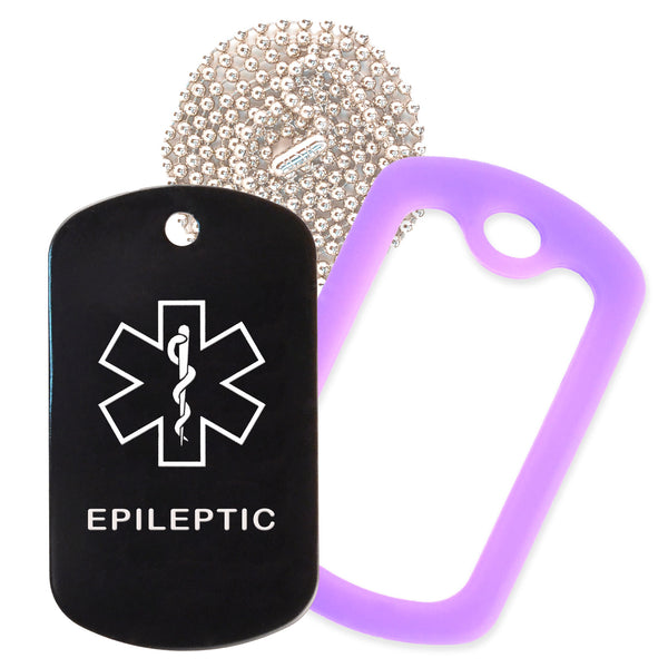 Black Medical ID Epileptic Necklace with Purple Rubber Silencer and 30'' Ball Chain