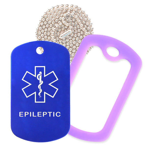Blue Medical ID Epileptic Necklace with Purple Rubber Silencer and 30'' Ball Chain