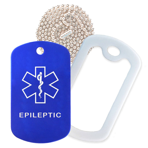 Blue Medical ID Epileptic Necklace with White Rubber Silencer and 30'' Ball Chain