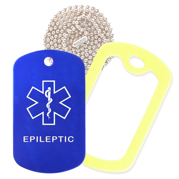 Blue Medical ID Epileptic Necklace with Yellow Rubber Silencer and 30'' Ball Chain