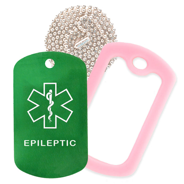 Green Medical ID Epileptic Necklace with Pink Rubber Silencer and 30'' Ball Chain