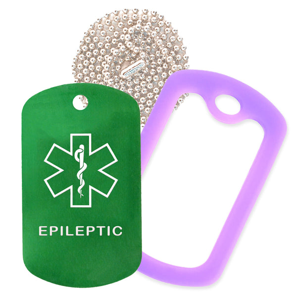 Green Medical ID Epileptic Necklace with Purple Rubber Silencer and 30'' Ball Chain