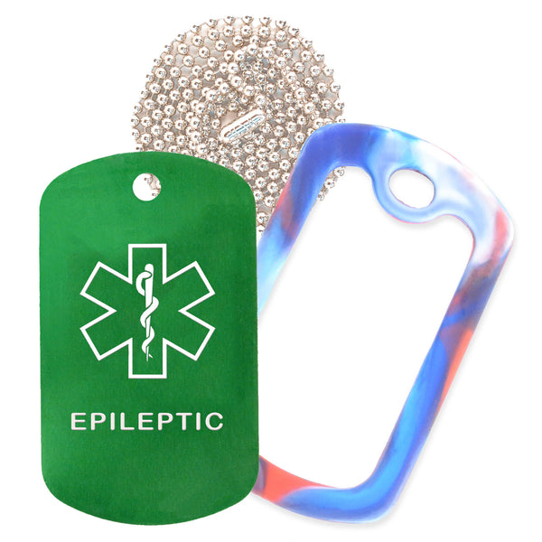 Green Medical ID Epileptic Necklace with Red White and Blue Rubber Silencer and 30'' Ball Chain