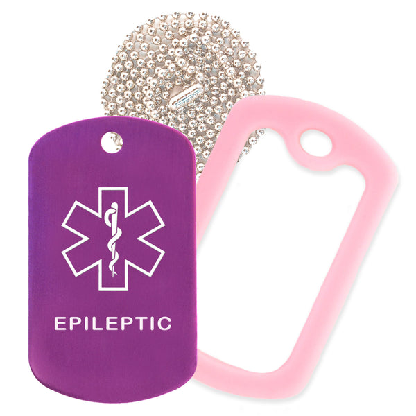 Purple Medical ID Epileptic Necklace with Pink Rubber Silencer and 30'' Ball Chain