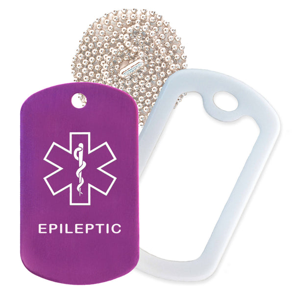 Purple Medical ID Epileptic Necklace with White Rubber Silencer and 30'' Ball Chain