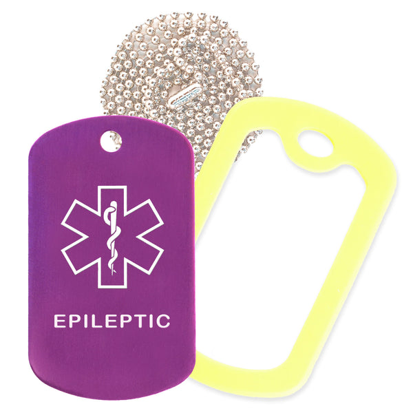 Purple Medical ID Epileptic Necklace with Yellow Rubber Silencer and 30'' Ball Chain