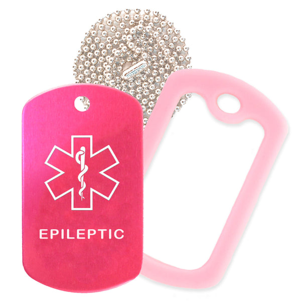 Hot Pink Medical ID Epileptic Necklace with Pink Rubber Silencer and 30'' Ball Chain