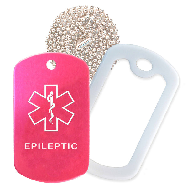 Hot Pink Medical ID Epileptic Necklace with White Rubber Silencer and 30'' Ball Chain
