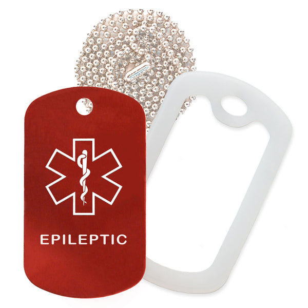 Red Medical ID Epileptic Necklace with Clear Rubber Silencer and 30'' Ball Chain