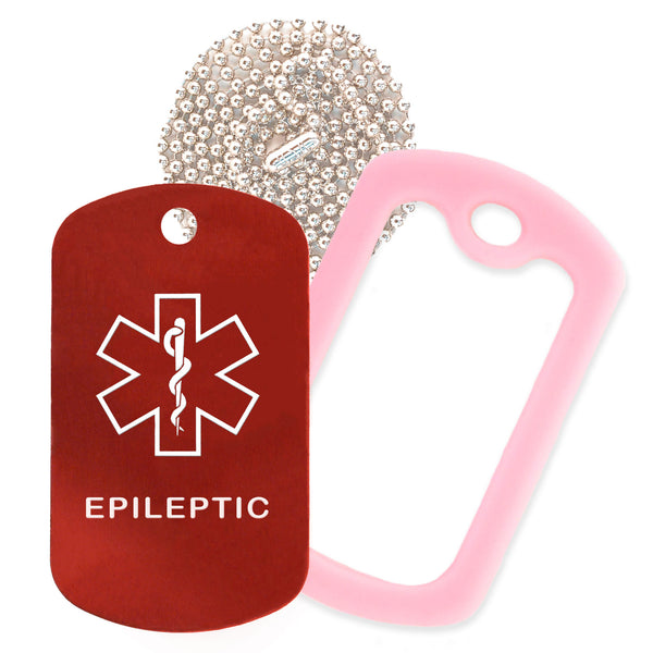 Red Medical ID Epileptic Necklace with Pink Rubber Silencer and 30'' Ball Chain