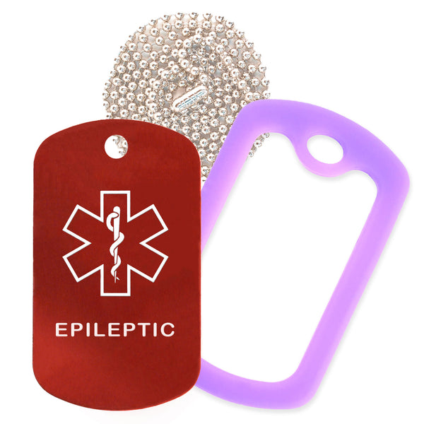 Red Medical ID Epileptic Necklace with Purple Rubber Silencer and 30'' Ball Chain
