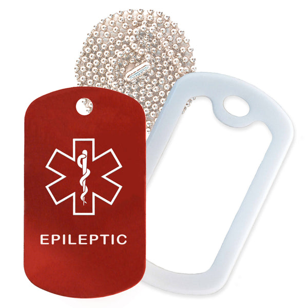 Red Medical ID Epileptic Necklace with White Rubber Silencer and 30'' Ball Chain