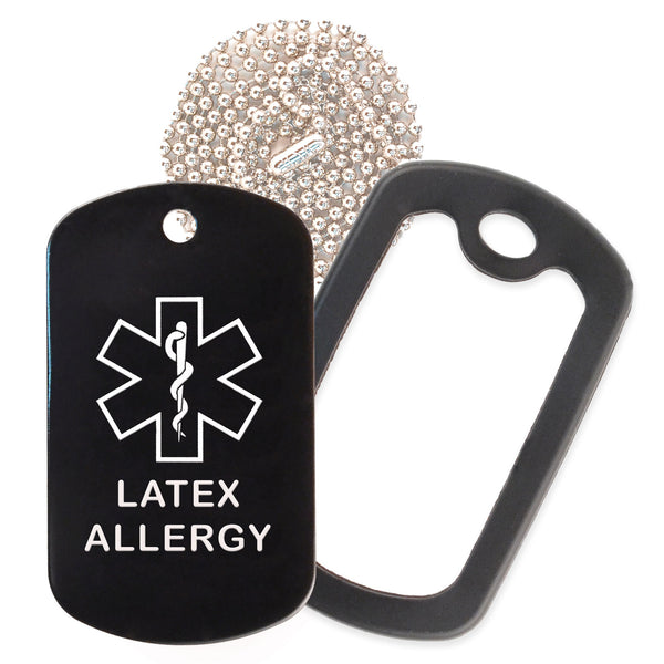 Black Medical ID Latex Allergy Necklace with Black Rubber Silencer and 30'' Ball Chain