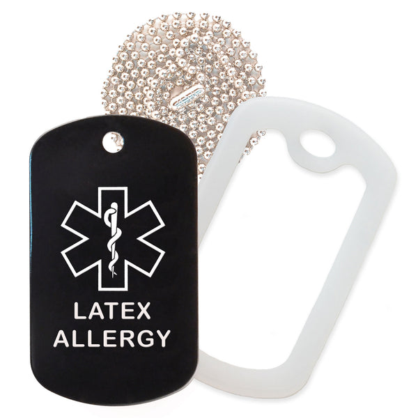Black Medical ID Latex Allergy Necklace with Clear Rubber Silencer and 30'' Ball Chain