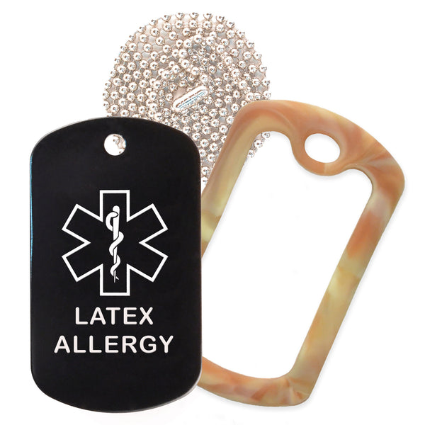Black Medical ID Latex Allergy Necklace with Desert Camo Rubber Silencer and 30'' Ball Chain