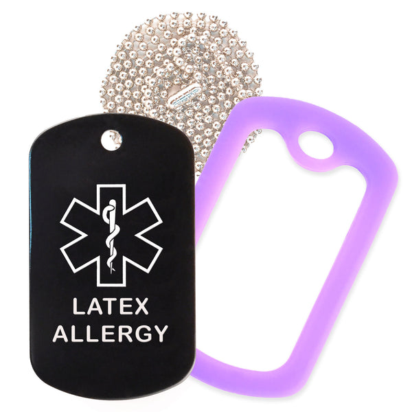 Black Medical ID Latex Allergy Necklace with Purple Rubber Silencer and 30'' Ball Chain