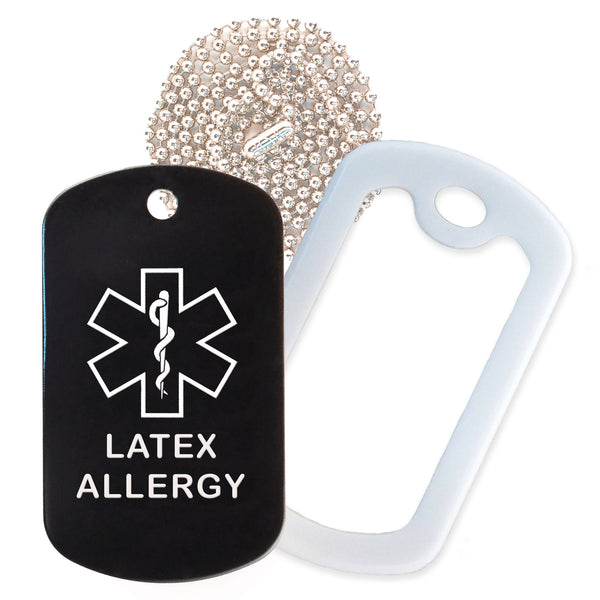 Black Medical ID Latex Allergy Necklace with White Rubber Silencer and 30'' Ball Chain
