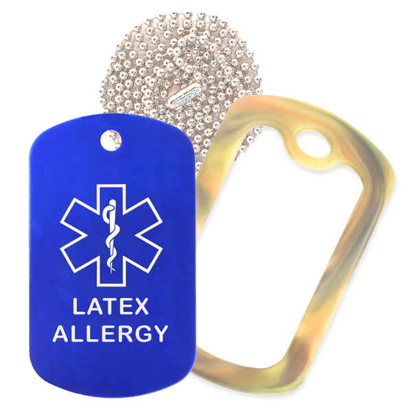 Blue Medical ID Latex Allergy Necklace with Forest Camo Rubber Silencer and 30'' Ball Chain