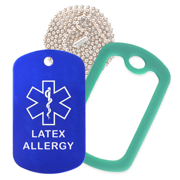 Blue Medical ID Latex Allergy Necklace with Green Rubber Silencer and 30'' Ball Chain