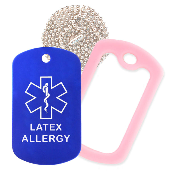 Blue Medical ID Latex Allergy Necklace with Pink Rubber Silencer and 30'' Ball Chain