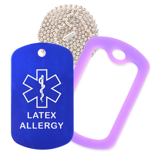 Blue Medical ID Latex Allergy Necklace with Purple Rubber Silencer and 30'' Ball Chain
