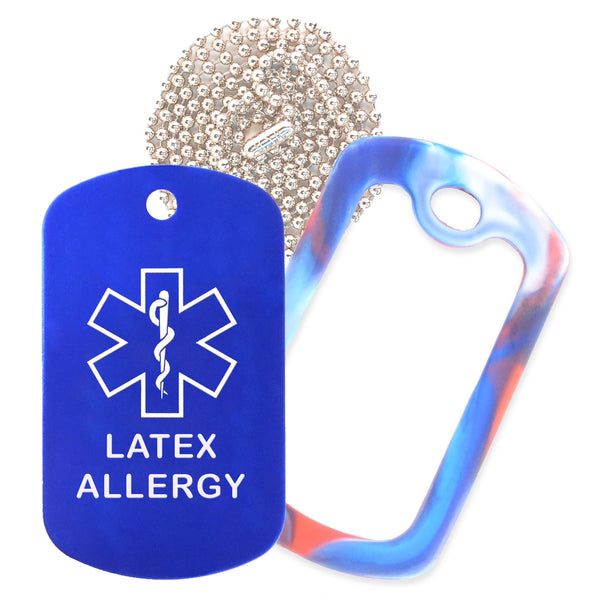 Blue Medical ID Latex Allergy Necklace with Red White and Blue Rubber Silencer and 30'' Ball Chain