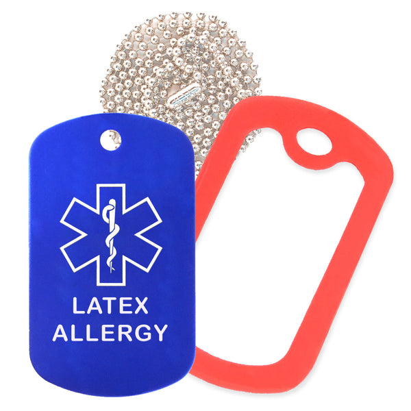 Blue Medical ID Latex Allergy Necklace with Red Rubber Silencer and 30'' Ball Chain