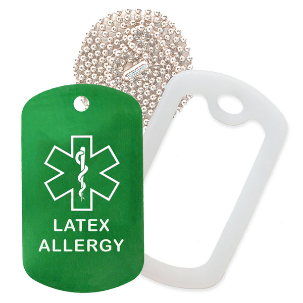 Green Medical ID Latex Allergy Necklace with Clear Rubber Silencer and 30'' Ball Chain