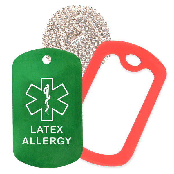 Green Medical ID Latex Allergy Necklace with Red Rubber Silencer and 30'' Ball Chain