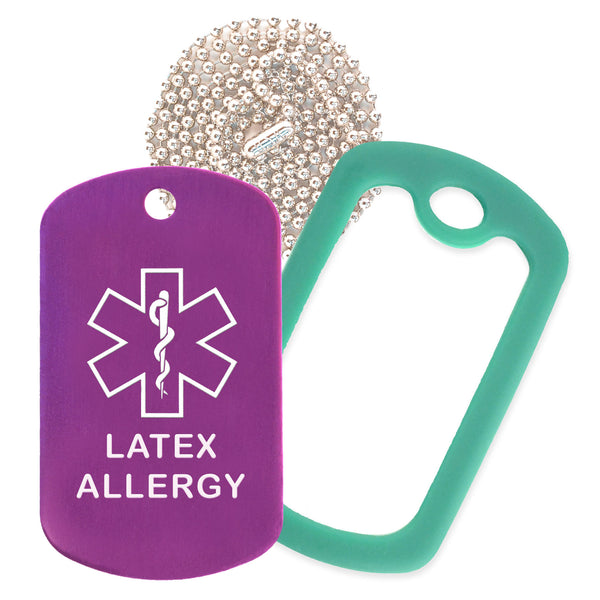 Purple Medical ID Latex Allergy Necklace with Green Rubber Silencer and 30'' Ball Chain