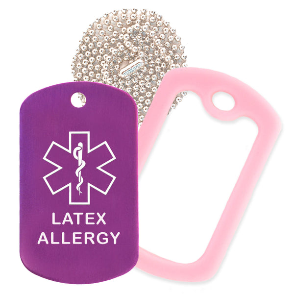 Purple Medical ID Latex Allergy Necklace with Pink Rubber Silencer and 30'' Ball Chain