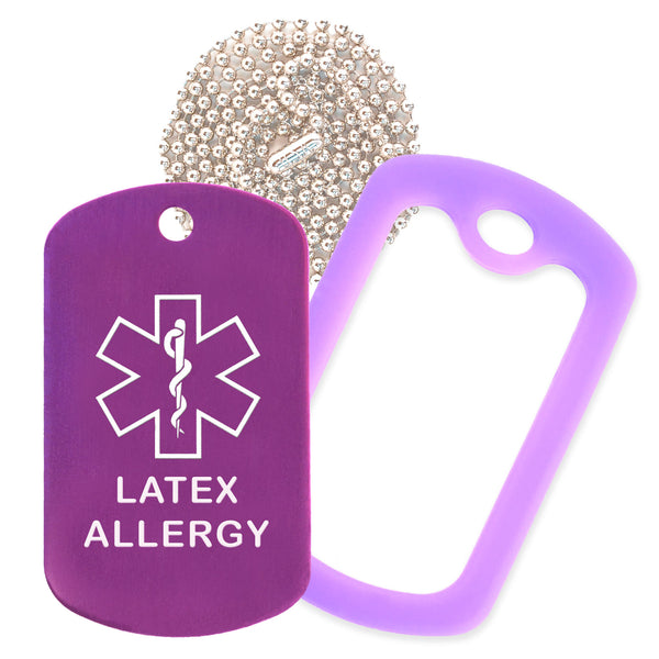 Purple Medical ID Latex Allergy Necklace with Purple Rubber Silencer and 30'' Ball Chain