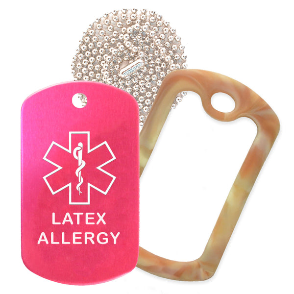 Hot Pink Medical ID Latex Allergy Necklace with Desert Camo Rubber Silencer and 30'' Ball Chain