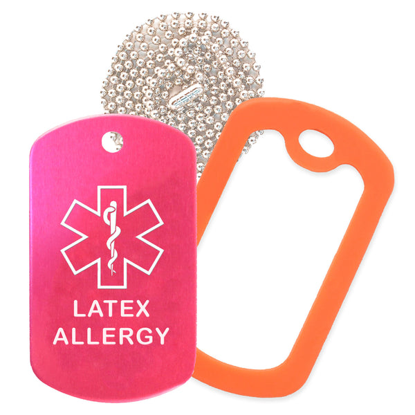 Hot Pink Medical ID Latex Allergy Necklace with Orange Rubber Silencer and 30'' Ball Chain