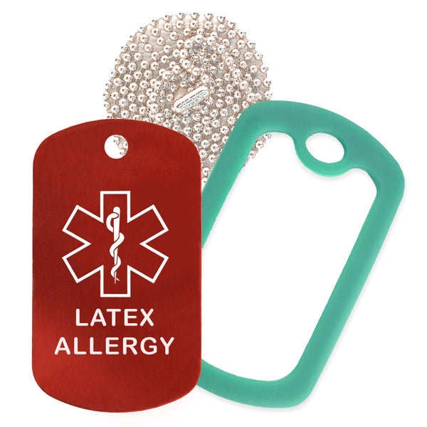 Red Medical ID Latex Allergy Necklace with Green Rubber Silencer and 30'' Ball Chain