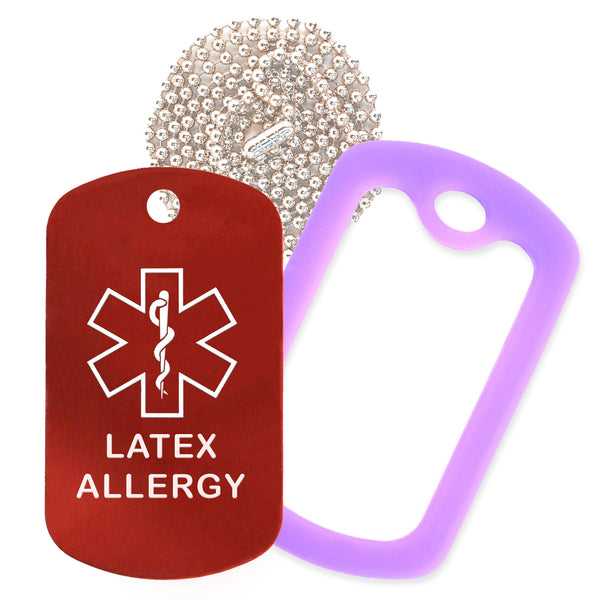 Red Medical ID Latex Allergy Necklace with Purple Rubber Silencer and 30'' Ball Chain