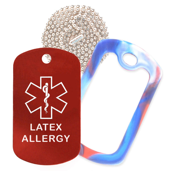 Red Medical ID Latex Allergy Necklace with Red White and Blue Rubber Silencer and 30'' Ball Chain
