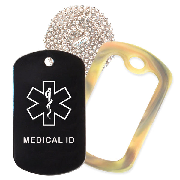 Black Medical ID  Necklace with Forest Camo Rubber Silencer and 30'' Ball Chain