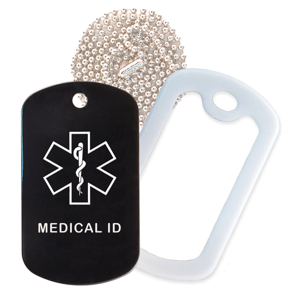Black Medical ID  Necklace with White Rubber Silencer and 30'' Ball Chain