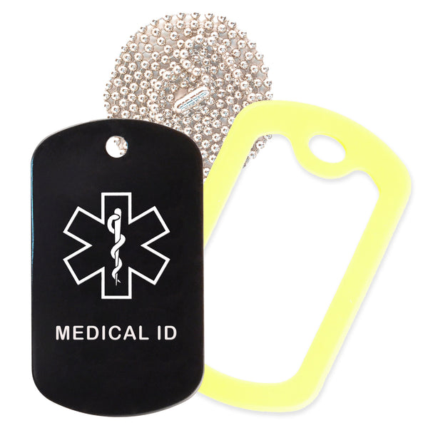 Black Medical ID  Necklace with Yellow Rubber Silencer and 30'' Ball Chain