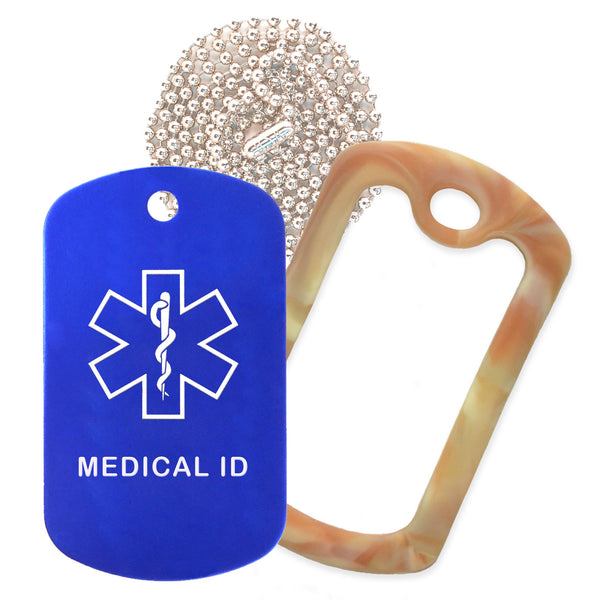 Blue Medical ID  Necklace with Desert Camo Rubber Silencer and 30'' Ball Chain